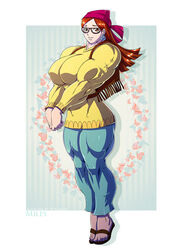  bandana bokuman brown_eyes brown_hair earrings female female glasses large_breasts muscle solo sweater 