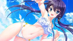  :d bare_arms bare_shoulders bikini black_hair blue_eyes blush bow cloud contrapposto day dutch_angle earrings female floral_flowlove game_cg hair_between_eyes jewelry layered_bikini light_rays long_hair looking_at_viewer low_twintails navel necklace open_mouth outdoors outstretched_arm sky smile solo standing stomach strapless strapless_bikini swimsuit tokisaka_nanao toranosuke twintails very_long_hair water water_drop white_bikini 