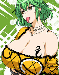  bare_shoulders breasts brown_eyes cleavage commentary_request female ginnyo green_hair highres hikage_(senran_kagura) huge_breasts senran_kagura senran_kagura_shoujo-tachi_no_shin&#039;ei short_hair tattoo tongue tongue_out upper_body 