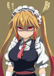  angry blonde_hair breasts commentary dragon_girl dragon_horns female gloves gradient_hair highres horns kobayashi-san_chi_no_maidragon large_breasts long_hair maid maid_headdress multicolored_hair necktie nejime_(nejimeinu) orange_eyes puffy_short_sleeves puffy_sleeves short_sleeves simple_background slit_pupils solo tohru_(maidragon) twintails white_gloves 