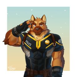  2015 anthro arm_tuft belt biceps big_muscles black_nose brown_body brown_eyes brown_fur canid canine canis chest_tuft claws clothed clothing countershading domestic_dog elbow_tuft fingerless_gloves fully_clothed fur german_shepherd gesture gloves handwear herding_dog hi_res looking_at_viewer male mammal muscular muscular_anthro muscular_male neck_tuft officer_benson pastoral_dog pecs police salute solo takemoto_arashi triceps tuft uniform utility_belt 