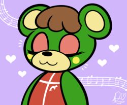  2015 :3 animal_crossing anthro bear biped brown_hair bust_portrait cel_shading charlise_(animal_crossing) cheek_spot closed_eyes clothed clothing digital_drawing_(artwork) digital_media_(artwork) duckydeathly eyelashes eyeshadow female flat_chested front_view green_body hair heart_symbol icon makeup mammal multicolored_body musical_note nintendo portrait purple_background red_clothing shaded short_hair simple_background smile solo toony two_tone_body yellow_body 