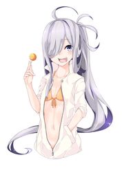  absurdres asashimo_(kancolle) bikini blue_eyes candy collarbone commentary_request female food front-tie_bikini_top front-tie_top grey_hair hair_over_one_eye halterneck hand_in_pocket highres holding jacket kantai_collection kirishina_(raindrop-050928) lollipop long_hair looking_at_viewer navel open_mouth orange_bikini photoshop_(medium) ponytail sharp_teeth simple_background smile solo swimsuit teeth unzipped upper_body very_long_hair white_background white_jacket 