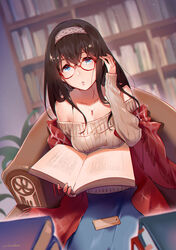  bespectacled black_hair blue_eyes book breasts chestnut_mouth commentary female glasses hairband highres idolmaster idolmaster_cinderella_girls jewelry large_breasts limbo_(artist) long_hair long_sleeves looking_at_viewer necklace off-shoulder_sweater off_shoulder sagisawa_fumika shawl solo sweater 