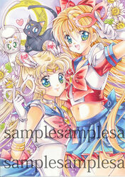  2girls aino_minako artemis_(sailor_moon) bad_id bad_pixiv_id bishoujo_senshi_sailor_moon bishoujo_senshi_sailor_moon_(first_season) blonde_hair blue_bow blue_eyes blue_sailor_collar blue_skirt blush bow choker codename_wa_sailor_v crescent crescent_facial_mark crescent_moon domino_mask double_bun earrings elbow_gloves facial_mark feline flower forehead_mark gloves green_eyes hair_bun hairbow heart jewelry long_hair luna_(sailor_moon) magical_girl mask moon multiple_girls navel photoshop_(medium) pleated_skirt purple_background red_bow sailor_collar sailor_moon sailor_senshi sailor_senshi_uniform sailor_v sample_watermark shoukichi_usagi skirt smile transformation_brooch_(sailor_moon) tsukino_usagi twintails unworn_mask watermark white_gloves 