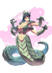  black_hair bokuman breasts claws female female four-armed lamia large_breasts monster_girl navel red_eyes tail 