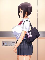  alone bag black_hair black_skirt breasts elevator facing_away female hands_together hot_mikan keychain large_breasts legs light-skinned pleated_skirt red_ribbon ribbon school_bag school_uniform shirt short_hair short_sleeves sideways skirt standing thick_thighs thighhighs thighs white_shirt zettai_ryouiki 