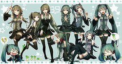  &gt;_&lt; 39 6+girls alternate_hairstyle bare_shoulders belt boots braid chibi closed_eyes commentary_request crossed_legs detached_sleeves fist_pump green_eyes green_hair hair_ornament hairclip hatsune_miku headphones highres long_hair low_twintails multiple_girls multiple_persona necktie one_eye_closed open_mouth own_hands_clasped own_hands_together pleated_skirt sitting skirt sleeping smile spring_onion star_(symbol) thigh_boots thighhighs twin_braids twintails very_long_hair vocaloid wonoco0916 zettai_ryouiki 