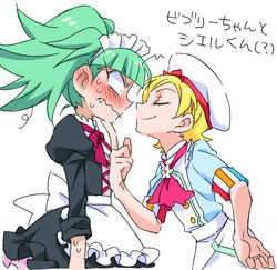  1boy apron biburi_(precure) blonde_hair blush bow commentary_request female genderswap_(ftm) green_hair hacchi_(tennencalpis) hand_on_another&#039;s_chin juliet_sleeves kirahoshi_ciel kirakira_patisserie_uniform kirakira_precure_a_la_mode long_sleeves maid maid_apron maid_headdress oerba_yun_fang precure puffy_sleeves rule_63 simple_background sleeves_rolled_up translated twintails wavy_mouth white_background 