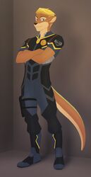  anthro blonde_hair blue_eyes brown_body brown_fur clothed clothing crossed_arms fur hair hi_res holster lunalei male mammal mustelid otter police police_uniform solo tail uniform 