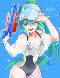  artemis_(p&amp;d) blue_eyes commentary_request covered_navel female gen_(gen_m_gen) green_hair hair_between_eyes highres long_hair one-piece_swimsuit one_eye_closed open_mouth ponytail puzzle_&amp;_dragons see-through smile solo swimsuit very_long_hair visor_cap water water_gun 