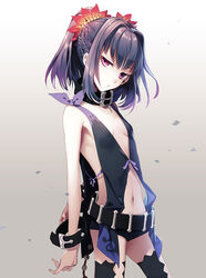  arms_at_sides bare_arms belt belt_buckle black_choker black_shorts black_thighhighs bracelet braid breasts buckle choker collar commentary_request cowboy_shot eyebrows eyelashes female flower gradient_background hair_flower hair_intakes hair_ornament head_tilt jewelry looking_at_viewer maro_(nikeneko523) multiple_braids nail_polish navel pout purple_eyes purple_hair purple_nails purple_ribbon revealing_clothes ribbon short_hair short_shorts shorts sideless_outfit sidelocks small_breasts solo stomach symonne_(tales) tales_of_(series) tales_of_zestiria thighhighs twintails 