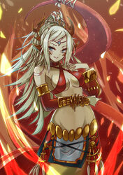  bare_shoulders blonde_hair blue_eyes blush bracelet breasts commentary_request echidna_(p&amp;d) female gold grin hairband horns jewelry lamia long_hair looking_at_viewer medium_breasts monster_girl navel parted_lips photoshop_(medium) ponytail puzzle_&amp;_dragons ribbon smile solo sud_(sudea) tail tail_ornament tail_ribbon 