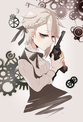  ange_(princess_principal) bad_id bad_pixiv_id blue_eyes bow bowtie braid corset female grey_eyes gun hair_ribbon handgun holding holding_gun holding_weapon kumasawa_(dkdkr) long_sleeves looking_at_viewer princess_principal revolver ribbon school_uniform short_hair solo underbust upper_body weapon webley-fosbery_automatic_revolver 