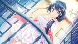  :o alternate_hairstyle balcony bare_shoulders black_hair blue_eyes chandelier dress dutch_angle female floral_flowlove game_cg hair_ornament hairclip long_hair looking_at_viewer low_ponytail night sash scrunchie solo tokisaka_nanao toranosuke very_long_hair 