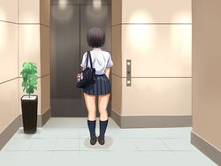  alone bag black_hair black_legwear black_skirt black_socks elevator female female hot_mikan indoors legs plant pleated_skirt potted_plant school_bag school_uniform shirt short_hair skirt socks solo standing thighhighs thighs white_shirt zettai_ryouiki 