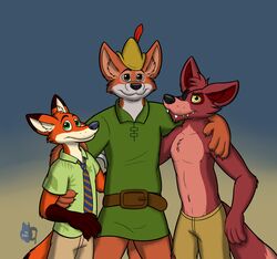  2015 alternate_species anthro anthrofied belt bleuxwolf bycocket canid canine chest_tuft clothed clothing countershading crossover disney eye_patch eyewear five_nights_at_freddy&#039;s fox foxy_(fnaf) fully_clothed fur furrification green_eyes group hat headgear headwear hi_res male mammal necktie nick_wilde robin_hood robin_hood_(disney) scottgames shirt toony topwear tuft yellow_eyes zootopia 