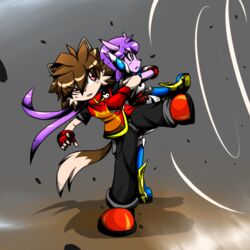  1:1 2017 action_pose anthro aquatic_dragon boots brown_hair canid canine canis canon_x_oc clothed clothing dragon duo fan_character female fingerless_gloves footwear freedom_planet galaxytrail gloves hair handwear horn hybrid kenjikanzaki05 long_hair male mammal marine mythological_creature mythological_scalie mythology pose purple_hair sash_lilac scalie shen_lei_fan tail wolf 