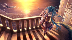  bag bird blue_hair boots cityscape commentary_request feathers female hair_ribbon hatsune_miku long_hair outdoors railing ribbon skirt solo stairs sunset tamaki_iori very_long_hair vocaloid water 