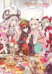  6+girls :d :q ahoge apron aqua_hair artist_name astolfo_(fate) bangs beaker black_gloves blonde_hair blue_eyes book bouquet bow bowl bowtie cake carton chin_rest chocolate chocolate_cake chocolate_heart closed_eyes cookie cooking creature day dress elbow_gloves eyebrows_visible_through_hair fate/apocrypha fate/extra fate/grand_order fate_(series) flower food fou_(fate/grand_order) fruit fur_trim gloves grey_eyes hair_between_eyes hair_ribbon hairbow hat headpiece heart heart_print holding holding_bowl horns indoors japanese_clothes jeanne_d&#039;arc_(fate)_(all) jeanne_d&#039;arc_alter_santa_lily kitchen kiyohime_(fate/grand_order) koha-ace laughing long_hair long_sleeves marie_antoinette_(fate/grand_order) mixing_bowl multiple_girls namie-kun nursery_rhyme_(fate/extra) oda_nobunaga_(fate) okita_souji_(fate) okita_souji_(fate)_(all) open_book open_mouth otoko_no_ko peaked_cap pepper_shaker pink_eyes purple_eyes reading red_eyes ribbon salt_shaker short_hair short_sleeves silver_hair skull smile star table tissue tissue_box tongue tongue_out tray twintails vase whisk white_gloves wide_sleeves window yellow_eyes 