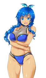  :d bikini blue_bikini blue_eyes blue_hair blush breasts cleavage commentary_request cowboy_shot crossed_arms female hair_ornament halterneck highres hip_focus kiyama_satoshi large_breasts long_hair looking_at_viewer mole mole_under_eye navel open_mouth ringlets simple_background smile solo swimsuit tan thighs umi_monogatari warin white_background 