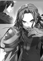  1boy armor bunbun clenched_teeth fanatio_synthesis_two female greyscale highres kirito knight long_hair looking_at_viewer monochrome novel_illustration official_art pauldrons school_uniform shoulder_armor slit_pupils spoilers sweatdrop sword_art_online sword_art_online:_alicization sword_mastery_academy_school_uniform teeth upper_body 