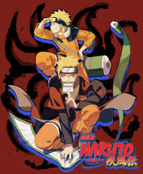  blonde_hair coat dual_persona headband highres jacket logo meer_rowe naruto naruto_shippuuden older scroll standing_on_shoulder strap uzumaki_naruto uzumaki_naruto_(sennin_mode) 