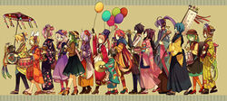  4boys 6+girls :d ^_^ accordion ahoge akiyoshi_(tama-pete) alternate_costume alternate_hairstyle animal_ears apron armor balloon basket black_gloves blonde_hair blowing blue_eyes blue_hair boots bow braid brown_hair brown_shirt camellia cat_ears clarinet closed_eyes commentary cross-laced_footwear cymbals dress drum drum_set drumsticks everyone fake_animal_ears flag flower frills from_side fur_collar geta gloves green_hair green_skirt gumi hair_flower hair_ornament hair_ribbon hair_stick hair_up hairbow hairclip hakama hakama_skirt hat hat_bow hat_ribbon hatsune_miku headphones high_heel_boots high_heels highres huge_ahoge ia_(vocaloid) instrument japanese_armor japanese_clothes kaai_yuki kagamine_len kagamine_rin kaito_(vocaloid) kamui_gakupo katana kimono kneehighs kote kurokote lace lace-trimmed_gloves lace-up_boots lace_trim lolicon long_dress long_hair long_skirt long_sleeves looking_at_viewer low_twintails megurine_luka meiji_schoolgirl_uniform meiko_(vocaloid) microphone multiple_boys multiple_girls music nekomura_iroha obi oil-paper_umbrella open_mouth pants parade petals pink_hair pinwheel plaid playing_instrument ponytail print_kimono purple_dress purple_hair red_eyes red_flower red_footwear red_hair red_legwear ribbon sailor_collar sandals sash saxophone see-through sf-a2_miki shamisen shirt shoes short_hair short_hair_with_long_locks sidelocks simple_background singing sitar skirt smile snare_drum socks striped striped_background striped_bow striped_ribbon suneate swept_bangs sword tassel top_hat trumpet tsuzumi twintails umbrella vertical_stripes very_long_hair vocaloid voiceroid vy1 vy2 walking waraji weapon white_apron white_legwear wide_sleeves yuzuki_yukari zouri 