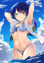  ano_natsu_de_matteru arms_behind_head arms_up bad_id bad_pixiv_id ball beachball bikini blue_bikini blue_eyes blue_hair blue_sky blush breasts closed_mouth cloud cloudy_sky cowboy_shot day female front-tie_bikini_top front-tie_top highres looking_at_viewer lowleg lowleg_bikini medium_breasts navel outdoors shirt short_hair sky smile solo striped_bikini striped_clothes swimsuit tanigawa_kanna thigh_gap ultone_(neisiss) underboob wading water wet white_shirt 