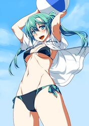  212_(kisaragi) arms_up bad_id bad_pixiv_id ball beachball bikini breasts covered_nipples day female green_eyes green_hair hatsune_miku highres hood hoodie jacket jacket_over_swimsuit long_hair looking_at_viewer medium_breasts navel open_mouth side-tie_bikini_bottom sky solo swimsuit twintails underboob vocaloid 