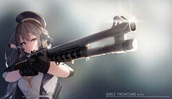  bad_id bad_twitter_id belt benelli_m4 breasts brown_hair character_name closed_mouth combat_shotgun commentary_request copyright_name female girls&#039;_frontline glint gloves gun hair_between_eyes hair_ornament hat headphones heterochromia highres holding holding_gun holding_weapon ihobus korean_commentary light_particles long_hair looking_at_viewer m1014_(girls&#039;_frontline) red_eyes reflex_sight reloading shotgun shotgun_shell shotgun_speedloader sidelocks solo standing weapon wide_sleeves x_hair_ornament yellow_eyes 