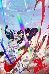  2girls absurdres battle black_hair blue_eyes boots cloud commentary_request copyright_name debris duel epaulettes high_heels highres junketsu katana kill_la_kill kiryuuin_satsuki long_hair long_sleeves matoi_ryuuko meer_rowe multicolored_hair multiple_girls photoshop_(medium) red_hair school_uniform scissor_blade_(kill_la_kill) senketsu short_hair skirt sly sparkle suspenders sword thigh_boots thighhighs two-tone_hair weapon 