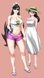  2girls beowulf_(skullgirls) black_hair breasts brown_hair cameo carol_(skullgirls) casual dress filia_(skullgirls) hat highres holding_hands large_breasts lips lipstick long_hair makeup midriff multiple_girls navel pomki red_eyes samson_(skullgirls) sandals short_shorts shorts skullgirls smile spaghetti_strap sun_hat sundress sunglasses tank_top toes very_long_hair yuri 