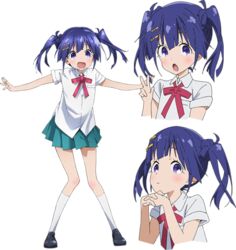  artist_request blue_hair expressions female hair_ornament hairclip kusanagi_yuma lowres multiple_views official_art purple_eyes reference_sheet school_uniform soushin_shoujo_matoi transparent_background twintails 