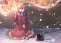  aki_shizuha autumn_leaves basket brown_eyes commentary_request female fire hair_ornament holding ichiba_youichi kneeling leaf_hair_ornament little_match_girl matches open_mouth snow snowing solo touhou 