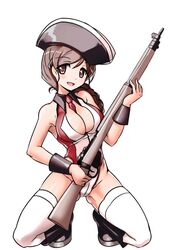  aegis_(nerocc) american_revolution between_breasts bicorne black_collar black_footwear black_hat boots braid breasts brown_eyes brown_hair collar commentary female full_body girls_und_panzer gun hair_ornament hair_over_shoulder hairclip hat highleg highleg_leotard holding holding_gun holding_weapon kneeling leotard light_smile long_hair looking_at_viewer medium_breasts necktie open_mouth red_leotard red_necktie rifle rukuriri_(girls_und_panzer) simple_background single_braid solo thighhighs united_kingdom weapon white_background white_thighhighs wing_collar wrist_cuffs 