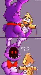  2015 adventure_withered_chica_(fnaf) animatronic anthro avian bib bird blush bow_(feature) bow_tie chica_(fnaf) chicken duo english_text feathers female five_nights_at_freddy&#039;s five_nights_at_freddy&#039;s_2 five_nights_at_freddy&#039;s_world fur galliform gallus_(genus) happy hi_res lagomorph leporid machine male mammal open_mouth phasianid purple_body purple_eyes purple_fur rabbit red_bow red_eyes robot scottgames simple_background smile teeth text toy-bonnie wire withered_bonnie_(fnaf) yellow_body yellow_feathers 