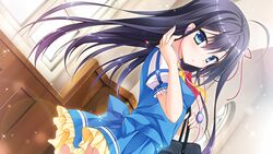  ahoge bag black_hair blue_eyes bow dutch_angle earbuds earphones female floral_flowlove frills game_cg hair_ribbon indoors long_hair looking_at_viewer looking_back ribbon school_bag school_uniform skirt solo sparkle tokisaka_nanao toranosuke 