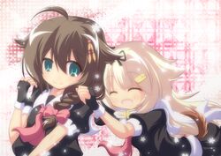  2girls ^_^ aqua_eyes blonde_hair braid brown_hair closed_eyes commentary_request dog_tail fingerless_gloves gloves hair_flaps kantai_collection kemonomimi_mode long_hair multiple_girls neckerchief nullpooo open_mouth red_neckerchief shigure_(kancolle) shigure_kai_ni_(kancolle) single_braid skirt skirt_set smile tail yuudachi_(kancolle) yuudachi_kai_ni_(kancolle) 