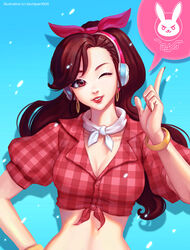  aqua_background artist_name bangle blue_background bracelet breasts brown_eyes brown_hair buttons character_name cleavage collarbone collared_shirt commentary crop_top cruiser_d.va d.va_(overwatch) david_pan earrings emblem english_commentary female front-tie_top gradient_background hair_down hand_on_own_hip head_scarf headphones hoop_earrings index_finger_raised jewelry long_hair looking_at_viewer medium_breasts midriff neckerchief official_alternate_costume one_eye_closed overwatch overwatch_1 parted_lips photoshop_(medium) plaid plaid_shirt puffy_short_sleeves puffy_sleeves red_lips red_shirt revision shadow shirt short_sleeves smile solo speech_bubble upper_body white_neckerchief 