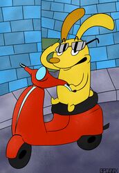  anthro biped bpq00x driving eyewear fur lagomorph leporid male mammal motor_scooter rabbit road sidewalk sitting solo street sunglasses untalkative_bunny vehicle yellow_body yellow_fur 