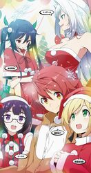  1boy 4girls :d animal_costume black_hair blonde_hair breasts capelet character_name christmas cleavage dress fur-trimmed_capelet fur-trimmed_dress fur-trimmed_headwear fur_trim glasses green_eyes hair_bobbles hair_ornament hat iisuna_anko kasuga_ayumu_(haruhipo) large_breasts long_hair long_sleeves looking_down low_twintails mitsuka_souji multiple_girls neck_ribbon non-web_source novel_illustration official_art open_mouth orange_eyes ore_twintail_ni_narimasu purple_eyes purple_hair red_capelet red_dress red_eyes red_hair red_hat red_ribbon reindeer_costume ribbon santa_costume santa_hat semi-rimless_eyewear shindou_erina short_dress sleeveless sleeveless_dress smile snowflakes speech_bubble tsube_aika twintails twoearle under-rim_eyewear very_long_hair white_hair 