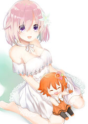  2girls :d bare_shoulders barefoot breasts character_doll chashiba chibi choker cleavage commentary_request dress eyes_visible_through_hair fate/grand_order fate_(series) flower fujimaru_ritsuka_(female) fujimaru_ritsuka_(female)_(starlight_fest) gloves green_flower hair_flower hair_ornament hair_over_one_eye highres light_purple_hair looking_at_viewer mash_kyrielight mash_kyrielight_(formal_dress) medium_breasts multiple_girls official_alternate_costume open_mouth orange_flower orange_hair pink_flower purple_eyes ribbon_choker short_hair sitting smile wariza white_choker white_dress white_flower white_gloves 