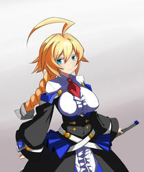  ahoge blazblue blonde_hair blue_eyes blush braid breasts closed_mouth commentary_request detached_sleeves dress es_(xblaze) expressionless female frilled_shirt frills huge_ahoge large_breasts long_hair long_sleeves looking_at_viewer necktie nejime_(nejimeinu) shirt single_braid solo sword underbust weapon xblaze 