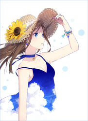  arm_at_side arm_up bare_arms bare_shoulders bead_bracelet beads blue_choker blue_dress blue_nails blue_sky bracelet breasts brown_hair choker cleavage commentary dress earrings female fingernails flower from_side hakusai_(tiahszld) hand_on_headwear hat hat_flower highres jewelry long_hair looking_to_the_side nail_polish necklace open_mouth original photoshop_(medium) print_dress sky sky_print sleeveless sleeveless_dress small_breasts solo starfish_earrings strap_slip straw_hat sun_hat sunflower symbol-only_commentary upper_body white_background 