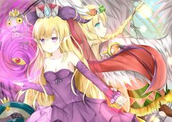  2girls aqua_eyes archangel_(p&amp;d) back-to-back bad_id bad_pixiv_id bare_shoulders bird blonde_hair braid crown detached_sleeves dress hairband holding_hands horns interlocked_fingers konka lilith_(p&amp;d) long_hair looking_at_viewer mini_crown multiple_girls owl pointy_ears purple_dress purple_eyes puzzle_&amp;_dragons single_braid smile snake strapless strapless_dress wings 