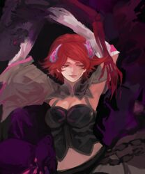  breasts cleavage commentary_request elbow_gloves female gloves granblue_fantasy hair_ornament lady_grey large_breasts lips looking_away looking_to_the_side mature_female navel nirco parted_lips pink_eyes red_hair short_hair skeleton solo upper_body white_gloves 