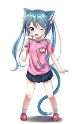  ;d aged_down akira_(been0328) animal_ears bad_id bad_pixiv_id black_skirt blue_eyes blue_hair cat_ears cat_girl cat_tail female full_body hair_between_eyes hair_bobbles hair_ornament hatsune_miku highres holding holding_microphone lolicon long_hair microphone miniskirt one_eye_closed open_mouth petite_miku pink_shirt pleated_skirt red_footwear shirt short_sleeves simple_background skirt smile socks solo standing tail twintails very_long_hair vocaloid white_background white_socks 