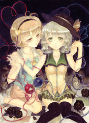  2girls bad_id bad_pixiv_id black_flower black_legwear black_rose blonde_hair blush checkered_floor eyeball flower green_eyes green_hair grey_hair hairband hat hat_ribbon heart heart_of_string keiko_(mitakarawa) komeiji_koishi komeiji_satori multiple_girls open_mouth petals pink_eyes pink_hair ribbon rose short_hair siblings sisters sitting skirt sleeveless thighhighs third_eye touhou traditional_media yellow_flower yellow_rose 