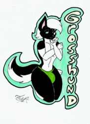  anthro biped blue_eyes canid canine canis clothed clothing crayon_(artwork) domestic_dog femboy gro_(grosshund) hi_res husky hybrid kneeling male mammal marker_(artwork) mephitid mixed_media name_badge nordic_sled_dog simple_background skunk solo spitz thick_thighs toddrogue69 topless traditional_media_(artwork) underwear wide_hips 